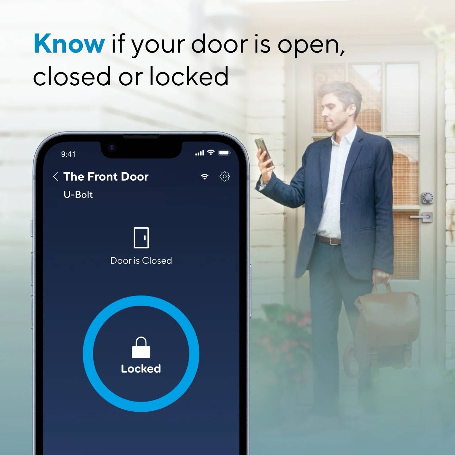 Ultraloq U-Bolt WiFi Smart Lock promotional image – mobile app shows real-time door status monitoring, letting homeowners know if their door is open, closed, or locked for keyless smart home security.