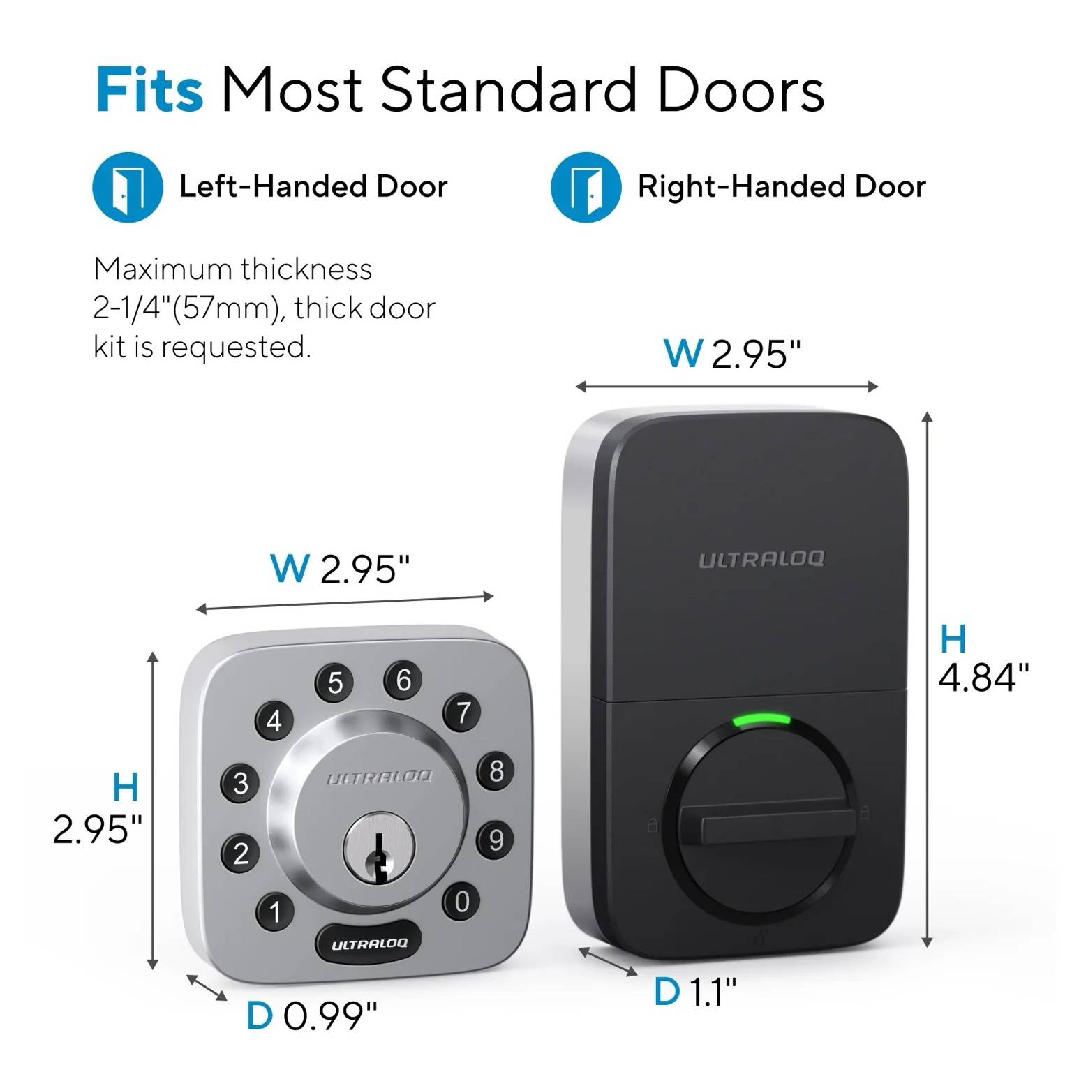 Ultraloq U-Bolt WiFi Smart Lock dimensions chart – satin silver keypad and black interior deadbolt fitting most standard left-handed and right-handed doors.