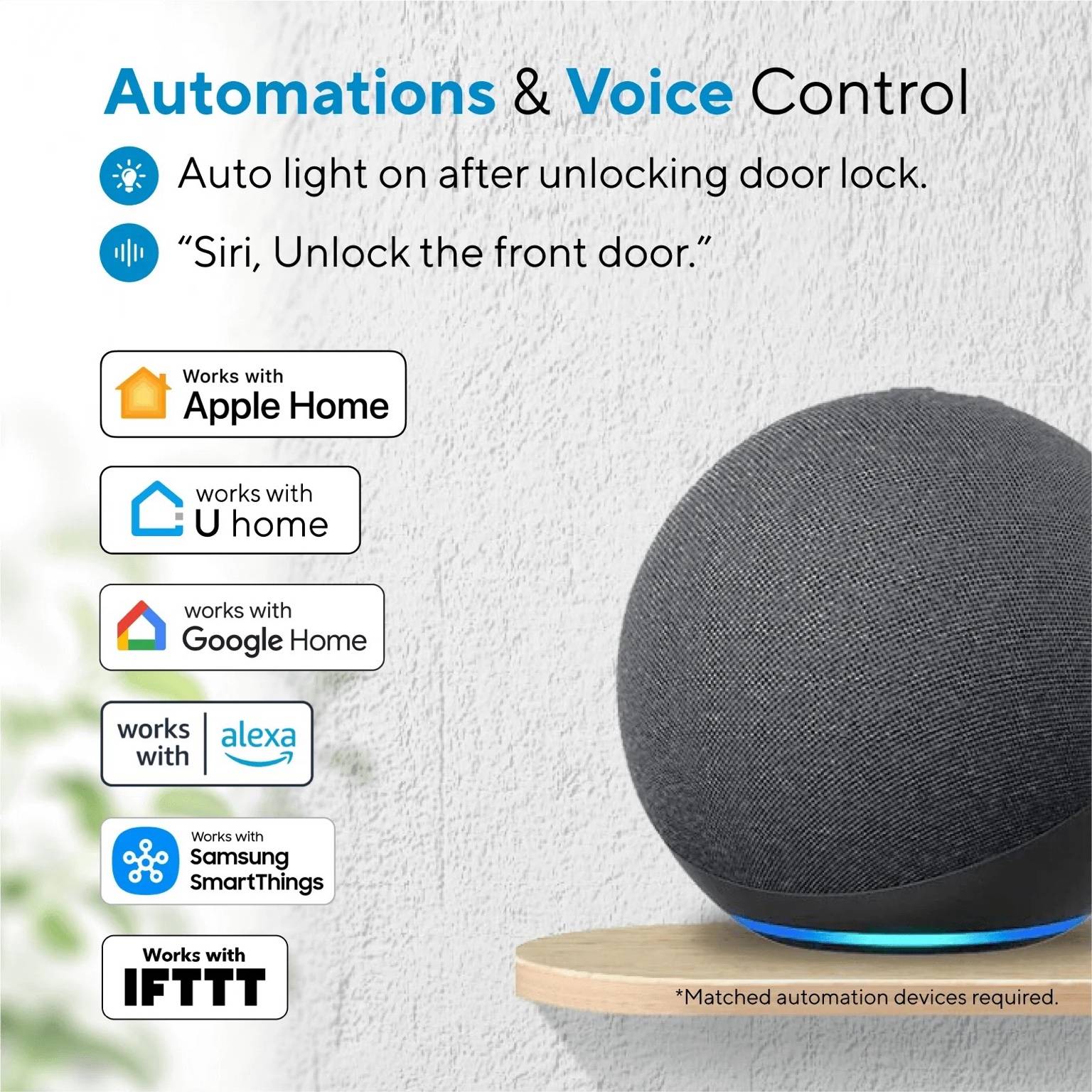 Ultraloq U-Bolt Fingerprint Smart Lock with voice control and automation, compatible with Apple Home, Google Home, Alexa, Samsung SmartThings, IFTTT, and U Home app for smart home integration.