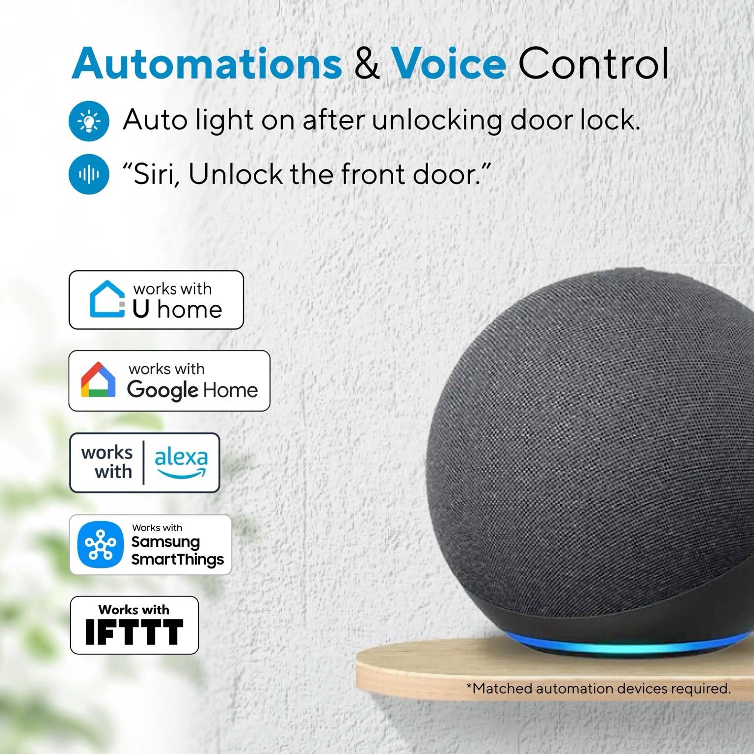 Ultraloq U-Bolt WiFi Smart Lock promotional image showcasing automations and voice control with Alexa, Google Home, Siri, Samsung SmartThings, and IFTTT for hands-free smart home integration.