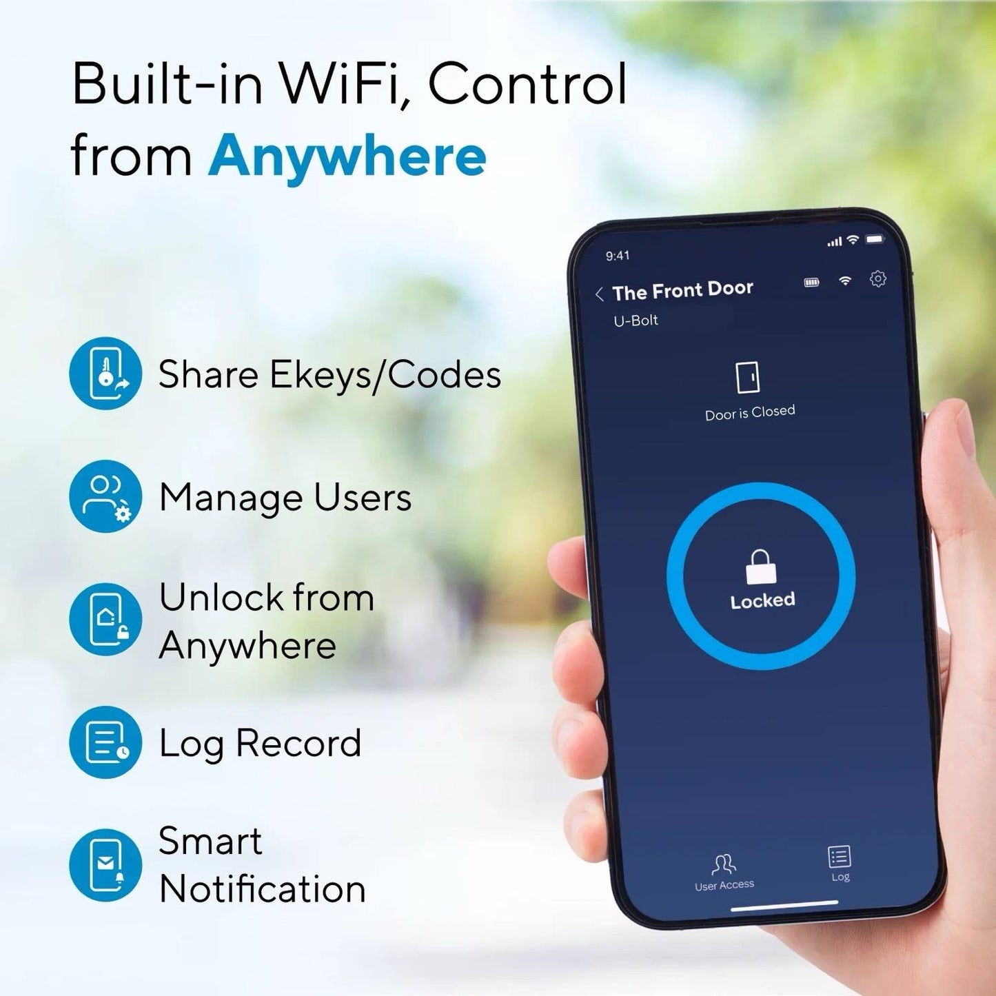 Promotional image showing Ultraloq U-Bolt WiFi Smart Lock mobile app features, including remote access, user management, eKey sharing, activity log, and smart notifications.