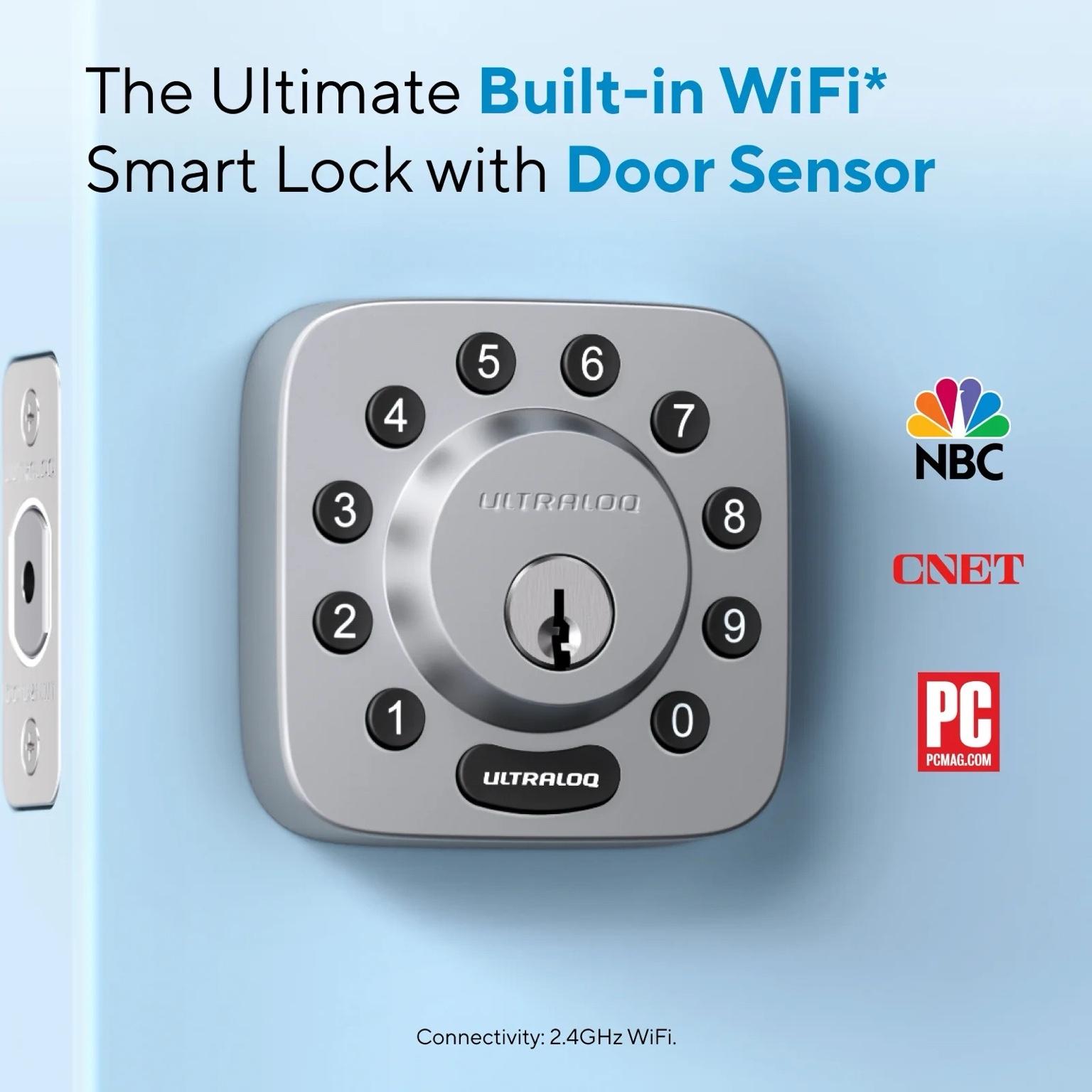 Promotional image of Ultraloq U-Bolt WiFi Smart Lock with built-in WiFi and door sensor, featuring NBC, CNET, and PCMag endorsements.